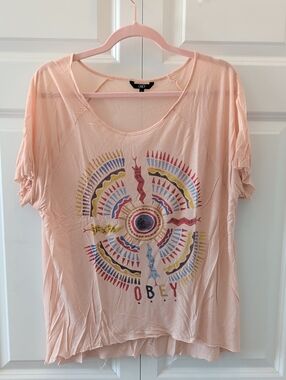 Obey Peach Short Sleeve Tee with Multicolor Aztec Graphic